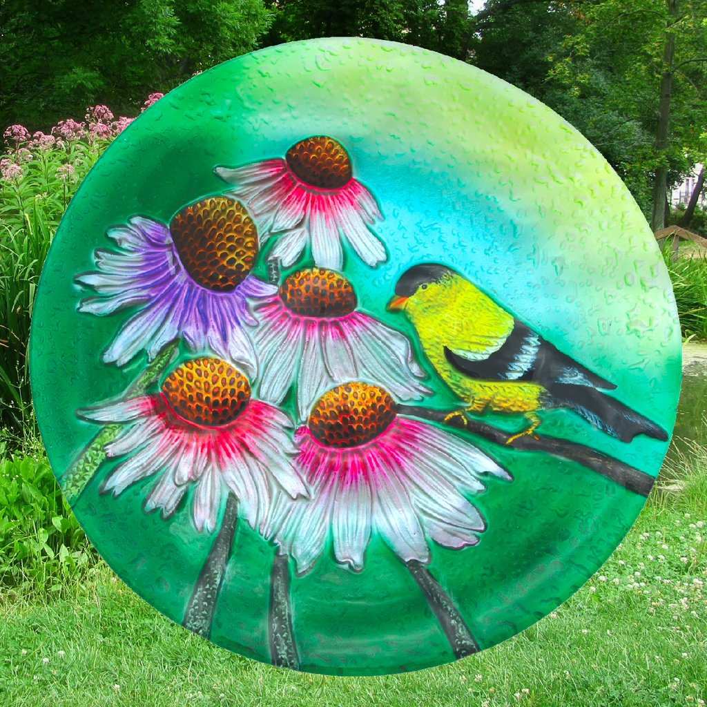 Embossed Goldfinch Glass Bird Bath Bowl